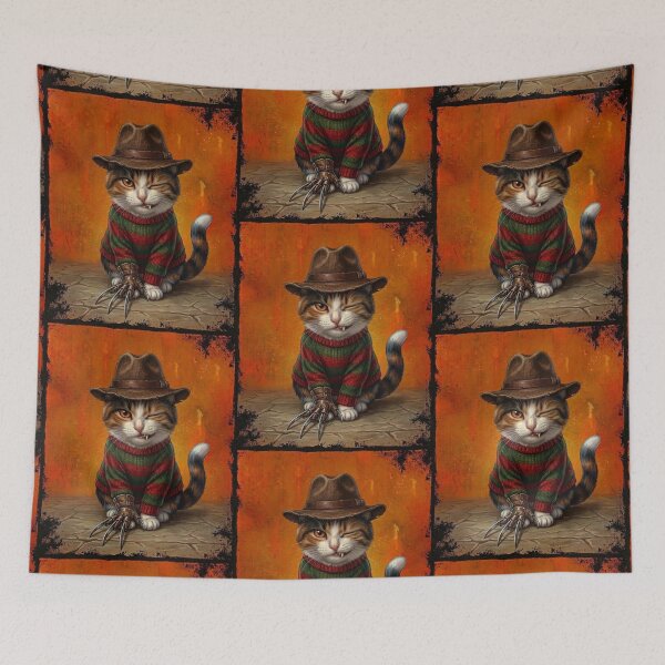 Item preview, Freddy Krueger Horror Cat in Fedora and Claw Glove Halloween Illustration designed and sold by Mindworx21.