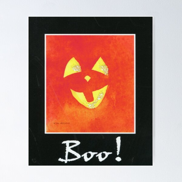 Item preview, Orange Pumpkin Face watercolor, a black border, and the word Boo! designed and sold by aswoa.
