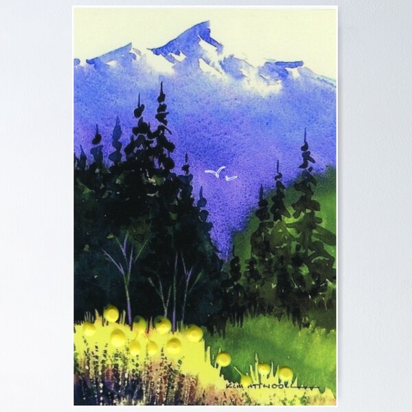 Item preview, Watercolor landscape, blue mountains, evergreens and yellow flowers. designed and sold by aswoa.