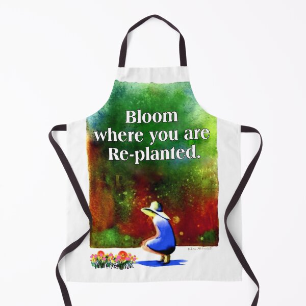 Item preview, Watercolor of a gardener with flowers and the words Bloom where you are replanted. designed and sold by aswoa.