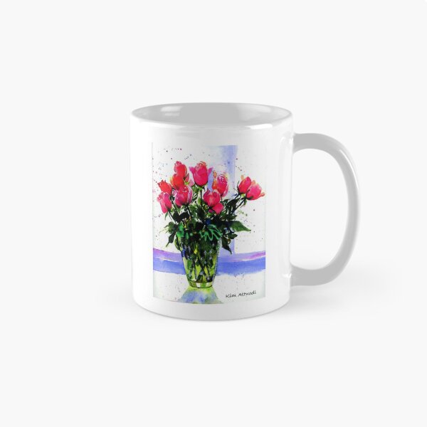 Artikelvorschau, Aquarell einer grünen Vase mit rosa Rosen auf violettem Hintergrund. entworfen und verkauft von aswoa.