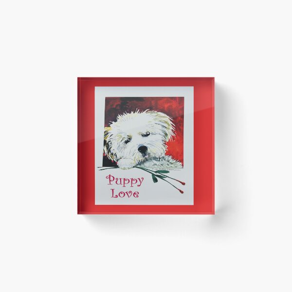 Item preview, Watercolor of a small white dog holding long stemmed roses and text “Puppy Love”. designed and sold by aswoa.