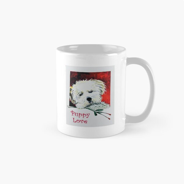 Item preview, Watercolor of a small white dog holding long stemmed roses and text “Puppy Love”. designed and sold by aswoa.