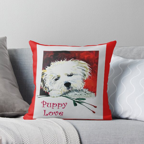 Item preview, Watercolor of a small white dog holding long stemmed roses and text “Puppy Love”. designed and sold by aswoa.