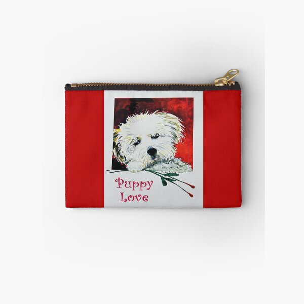 Item preview, Watercolor of a small white dog holding long stemmed roses and text “Puppy Love”. designed and sold by aswoa.