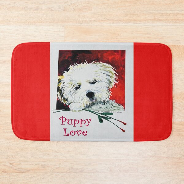 Item preview, Watercolor of a small white dog holding long stemmed roses and text “Puppy Love”. designed and sold by aswoa.