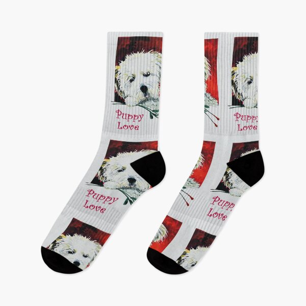 Item preview, Watercolor of a small white dog holding long stemmed roses and text “Puppy Love”. designed and sold by aswoa.