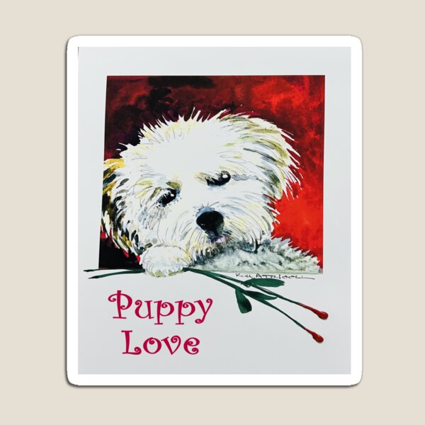 Item preview, Watercolor of a small white dog holding long stemmed roses and text “Puppy Love”. designed and sold by aswoa.