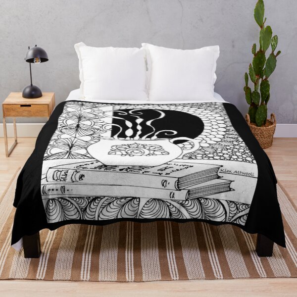 Item preview, Zentangle, black and white illustration of a hot drink and books. designed and sold by aswoa.