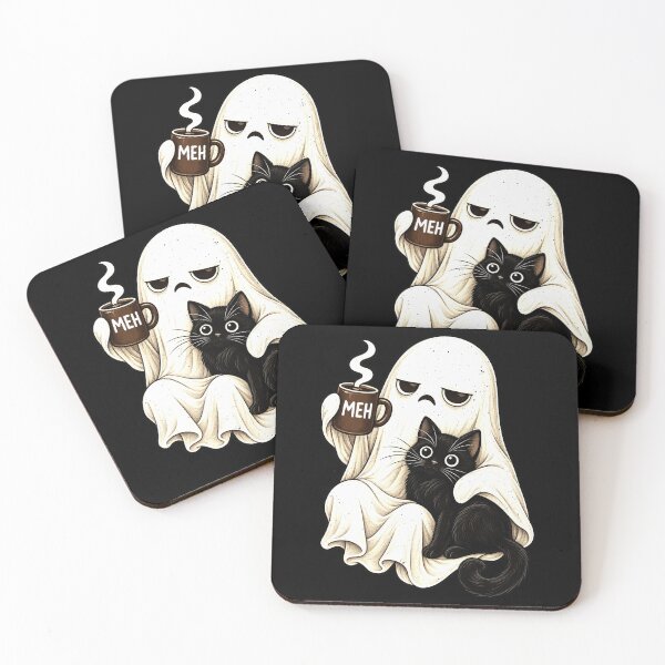 Item preview, Funny MEH Grumpy Ghost Coffee Holding Cat Art designed and sold by elderberry.