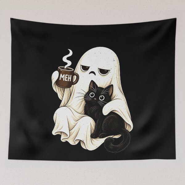 Item preview, Funny MEH Grumpy Ghost Coffee Holding Cat Art designed and sold by elderberry.