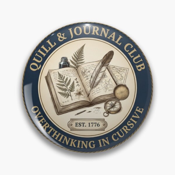 Item preview, Quill & Journal Club Overthinking In Cursive Badge designed and sold by CalmCapy Co.