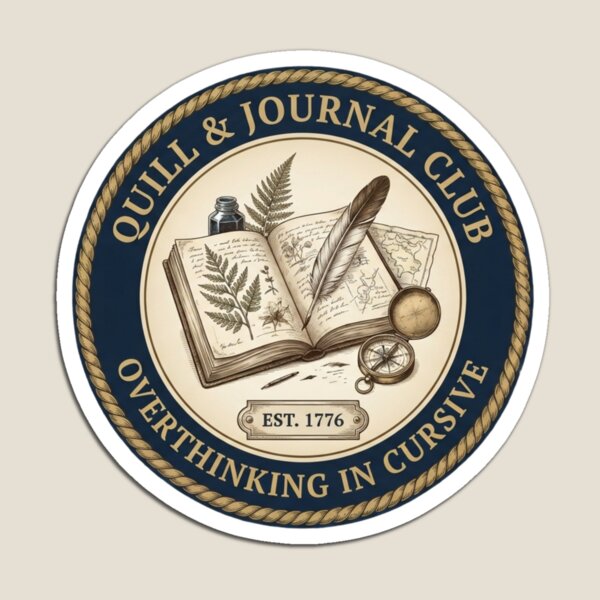 Item preview, Quill & Journal Club Overthinking In Cursive Badge designed and sold by CalmCapy Co.