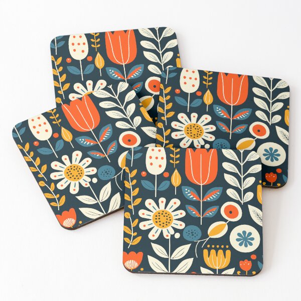 Item preview, Scandinavian Floral Folk Art in Navy, Red and Mustard designed and sold by Look Look.