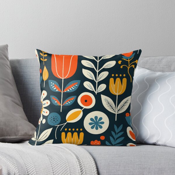 Aperçu de l'œuvre Art populaire floral scandinave dans les tons bleu marine, rouge et moutarde créée et vendue par Look Look.