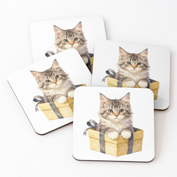 Item preview, Cute Fluffy Kitten in a Gift Box Watercolor Art designed and sold by WildArtIT.