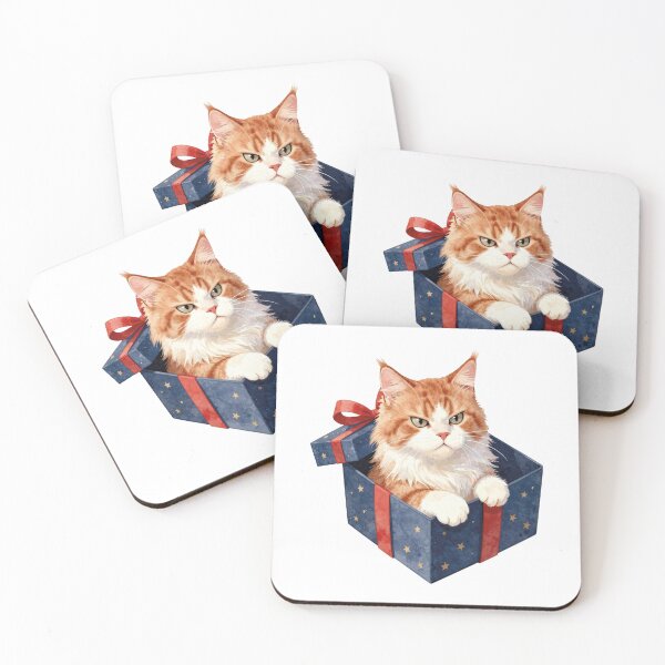 Item preview, Sassy orange and white cat in a starry gift box watercolor art designed and sold by WildArtIT.