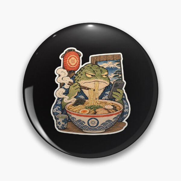 Item preview, Grumpy Frog Eating Ramen While Scrolling Phone – Vintage Japanese Style designed and sold by Lina Caro.