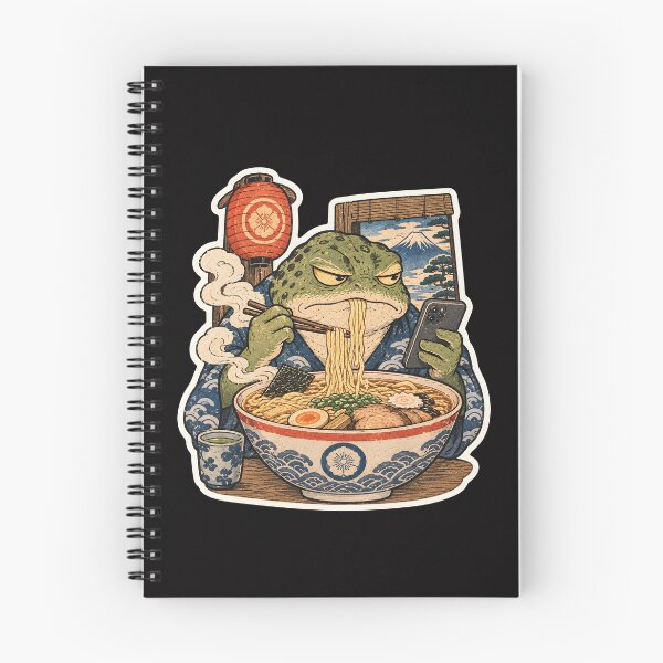 Item preview, Grumpy Frog Eating Ramen While Scrolling Phone – Vintage Japanese Style designed and sold by Lina Caro.