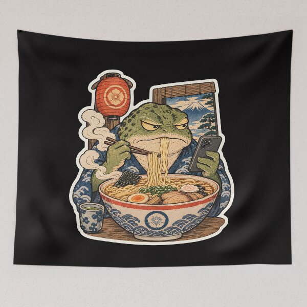 Item preview, Grumpy Frog Eating Ramen While Scrolling Phone – Vintage Japanese Style designed and sold by Lina Caro.