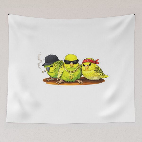 Item preview, Gangster Parakeet Trio Funny Bird Meme Sticker designed and sold by Sepia soul.