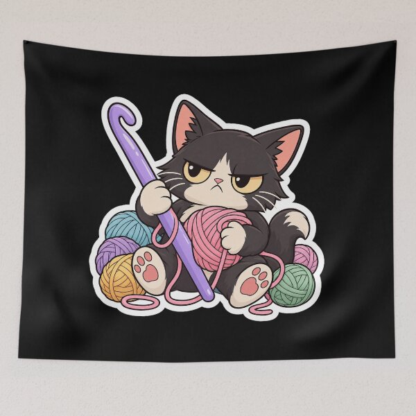 Item preview, Grouchy Cartoon Cat with Giant Crochet Hook and Yarn designed and sold by NovaToons.