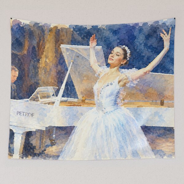 Item preview, Ballerina and Pianist Elegant White Grand Piano Digital Watercolor designed and sold by SlavaArt.