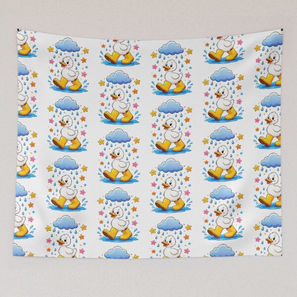 Item preview, Cute Duck In Yellow Rain Boots Jumping In Puddles Under Cloud designed and sold by Catchy-Couture.