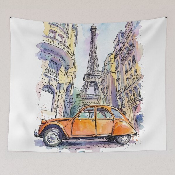 Item preview, Paris France Eiffel Tower Citroen 2CV Car Watercolor Art designed and sold by NareArt.