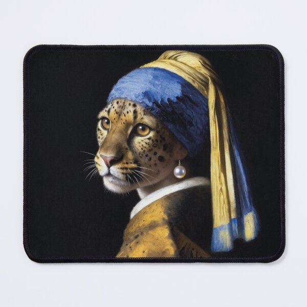 Item preview, Cheetah with a pearl earring classic art parody oil painting designed and sold by WildArtIT.