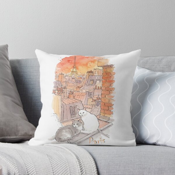 Item preview, Paris Rooftop Cats Eiffel Tower Sunset Watercolor Art designed and sold by NareArt.