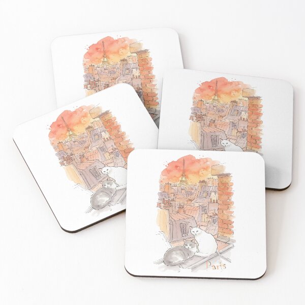 Item preview, Paris Rooftop Cats Eiffel Tower Sunset Watercolor Art designed and sold by NareArt.