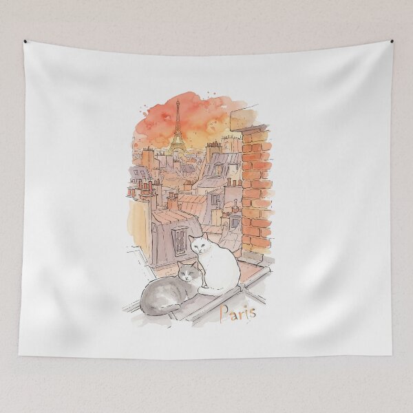 Item preview, Paris Rooftop Cats Eiffel Tower Sunset Watercolor Art designed and sold by NareArt.
