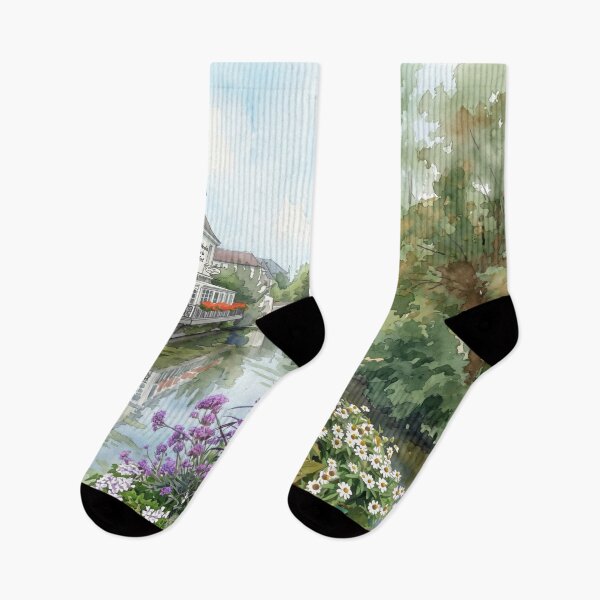 Item preview, French Canal Village — digital Watercolor Landscape with Flowers designed and sold by M.ALK.Watercolor.