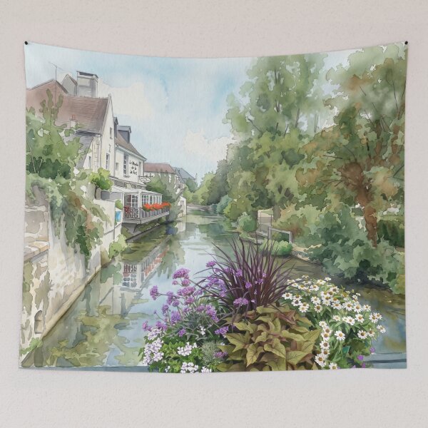 Item preview, French Canal Village — digital Watercolor Landscape with Flowers designed and sold by M.ALK.Watercolor.