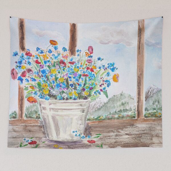 Item preview, hand painted forget me not and poppy bouquet by the window watercolour  designed and sold by SelenePaintings .