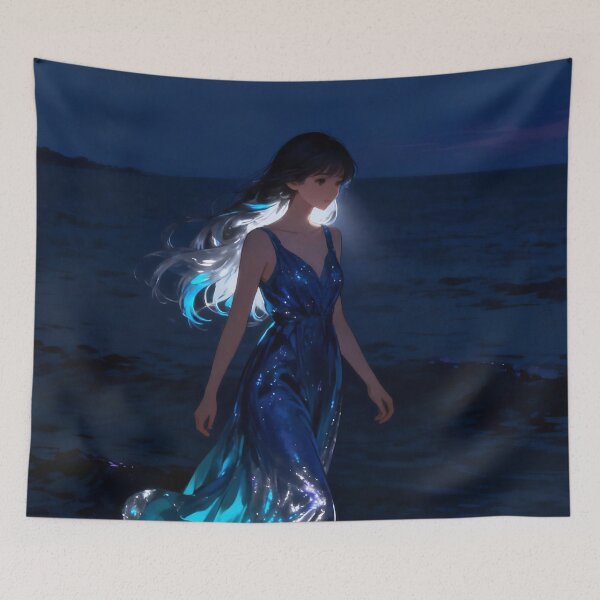 Item preview, Woman Walking on Water Art, Ocean Blue Dress, Ethereal Moonlit Sea Anime Art designed and sold by stylishdzign.