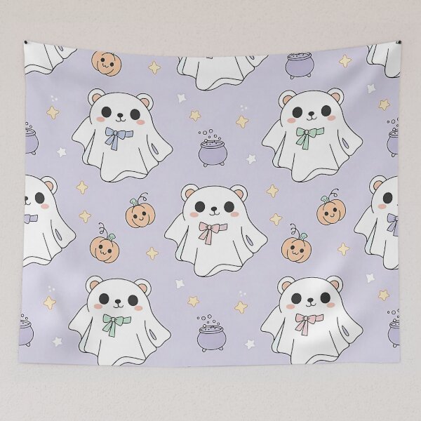 Item preview, Halloween Ghost Puppy Pattern, Cute Dog Costume, Spooky Kawaii Pet, Pumpkin and Candy Design, Trick or Treat Animal Art designed and sold by ArtDesignTp.
