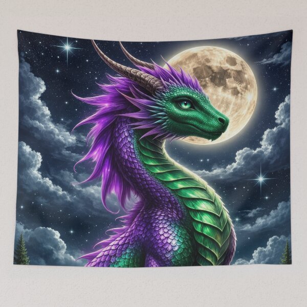 Item preview, Purple Emerald Dragon Under Full Moon – Mystical Fantasy Dragon Artwork designed and sold by DrakariArt.