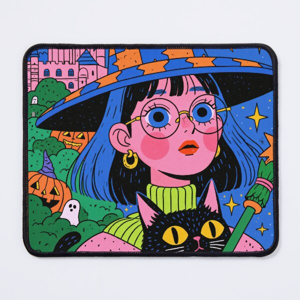 Item preview, Colorful Halloween Witch Girl and Black Cat designed and sold by Sunday Margaritas Art.