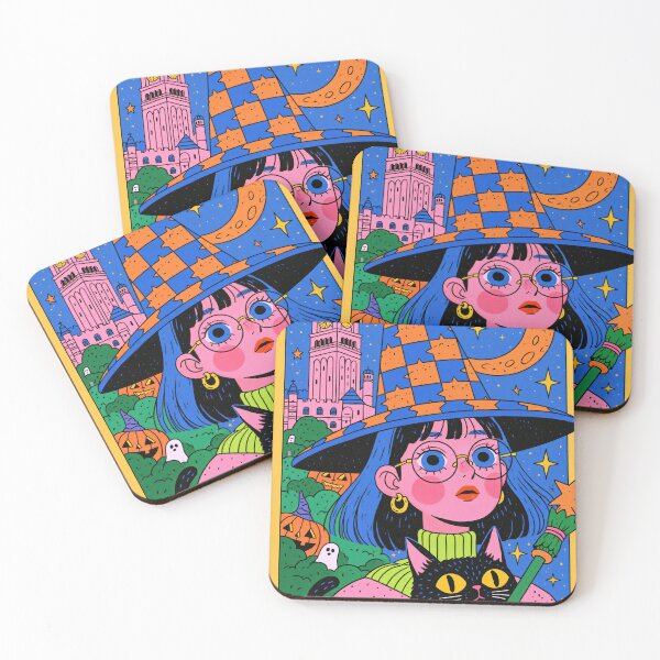 Item preview, Colorful Halloween Witch Girl and Black Cat designed and sold by Sunday Margaritas Art.