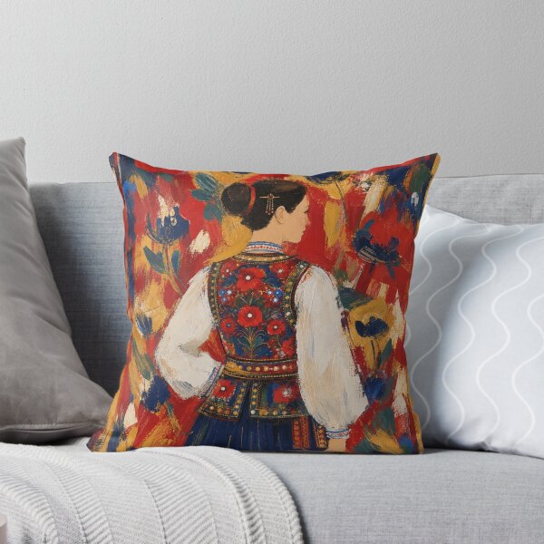 Item preview, Folk Art Woman In Embroidered Dress Vibrant Oil Painting Wall Art designed and sold by Cary-s.