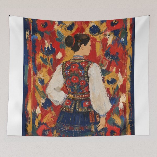 Item preview, Folk Art Woman In Embroidered Dress Vibrant Oil Painting Wall Art designed and sold by Cary-s.