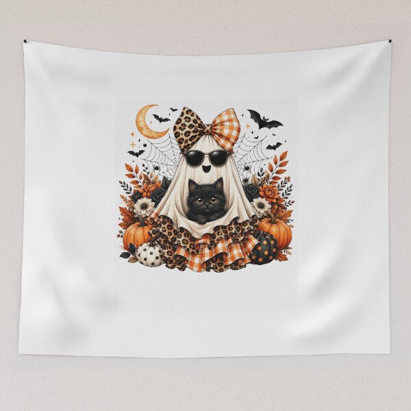 Item preview, Halloween Ghost Cat in Sunglasses with Pumpkin Florals designed and sold by anapldv.