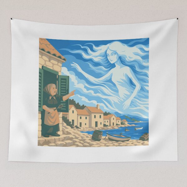 Item preview, Stories the Bura Remembers Art Print, Croatian Coastal Wall Art, Grandmother and Boy Illustration, Adriatic Folk Art, Mediterranean Decor designed and sold by Studio pod Burom.