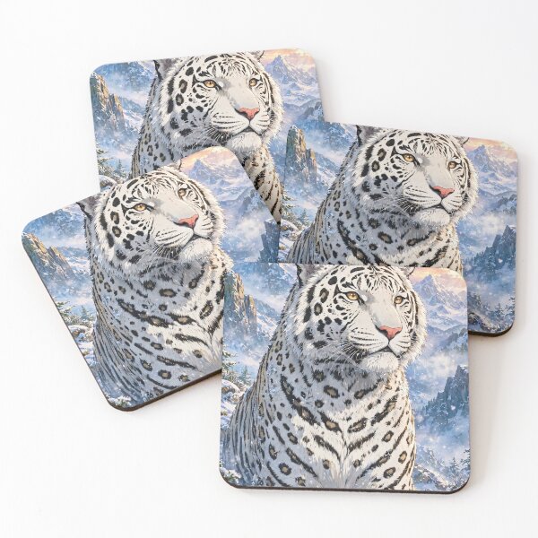 Item preview, White snow leopard  in winter mountains-majestic snowy fantasy art designed and sold by Sourcestores1.