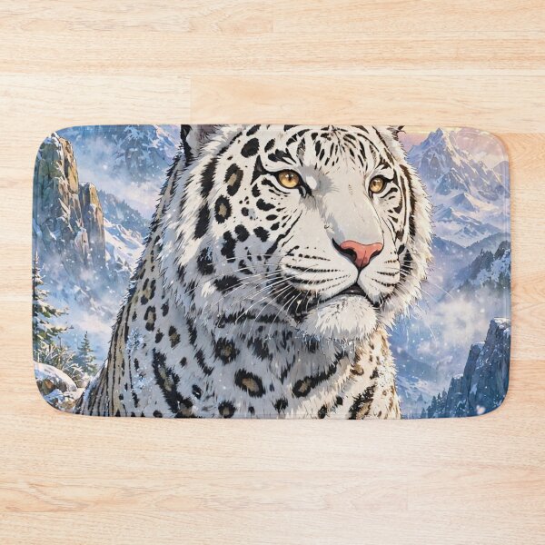 Item preview, White snow leopard  in winter mountains-majestic snowy fantasy art designed and sold by Sourcestores1.