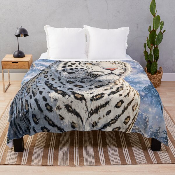Item preview, White snow leopard in winter mountains-majestic snowy fantasy art designed and sold by Sourcestores1.