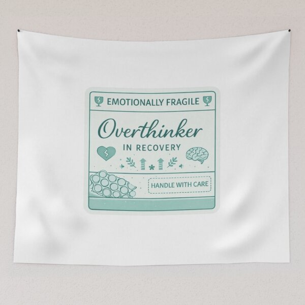 Item preview, Overthinker in Recovery Sticker | Emotionally Fragile Funny Mental Health Quote designed and sold by Sepia soul.
