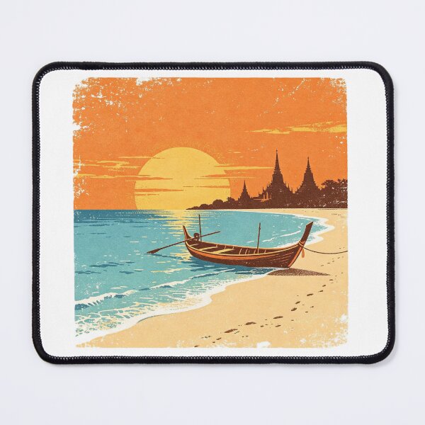 Item preview, Thailand Sunset – Longtail Boat & Temple Skyline Retro Print designed and sold by VladisWorld.
